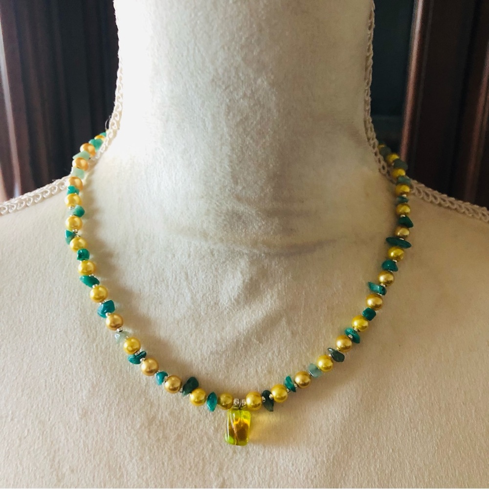 Handcrafted lynx stone pendant Czech glass pearl aventurine necklace - Picture 2 of 11